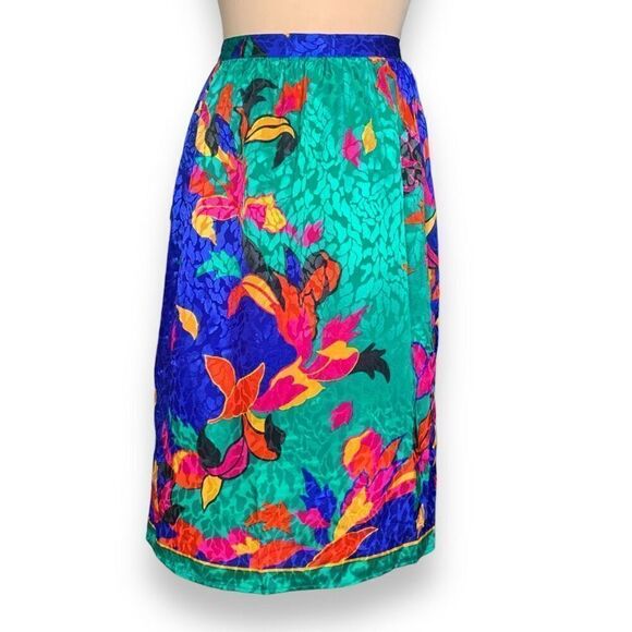 Vintage 90s Skirt Pleated Blue Green Reflective Abstract Leaf Print Midi Spring - Picture 1 of 9